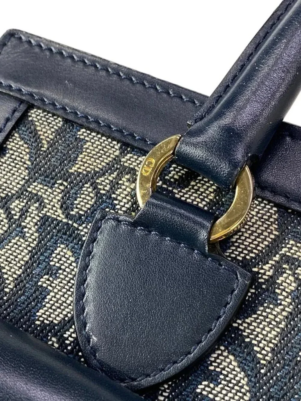 DIOR/ChristianDior Logogram White Dark Navy Jacquard Leather Handbag